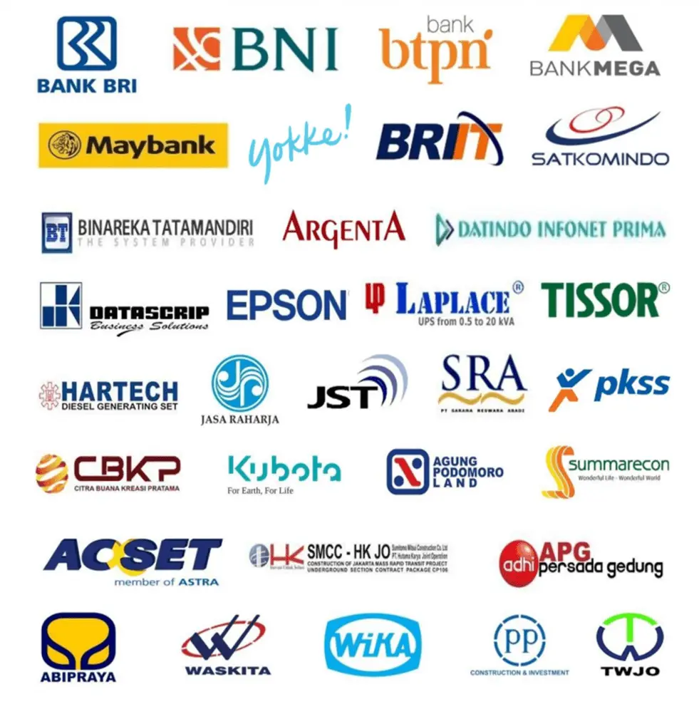 Logo klien dan mitra kerja Vita-Nova: Bank BRI, BNI, Bank BTPN, Bank Mega, Maybank, dan mitra vendor serta korporasi lainnya